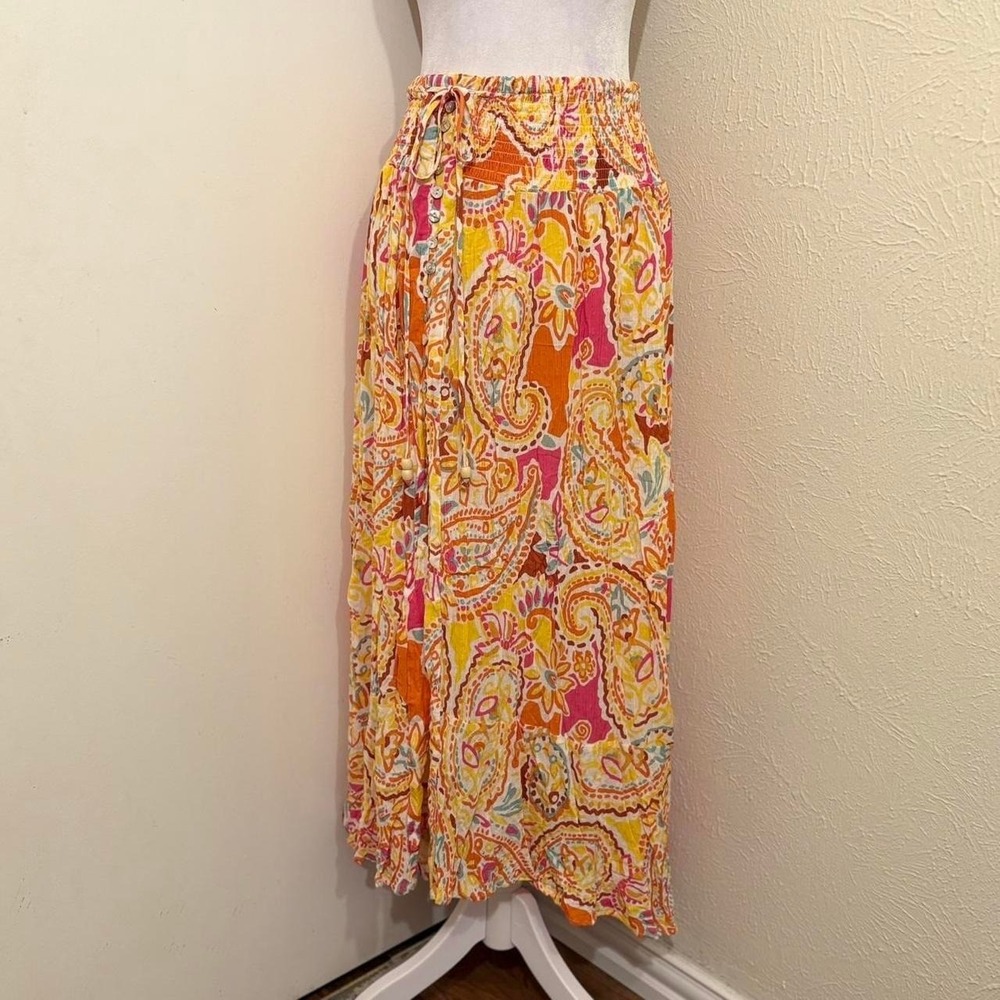 Rachel Zoe Yellow Orange Paisley Button Ruffle Maxi Skirt Boho Beach Size S